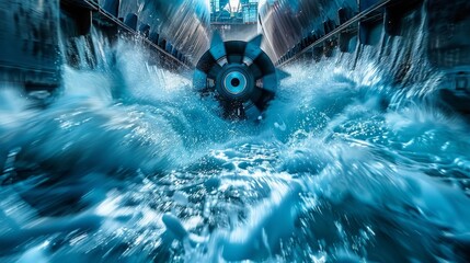 A hydro turbine undergoing rigorous water flow testing within an industrial facility. - obrazy, fototapety, plakaty