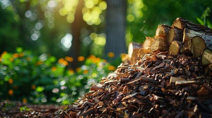 A rustic pile of chopped firewood and woodchips is illuminated by dappled sunlight in a lush green forest. - obrazy, fototapety, plakaty