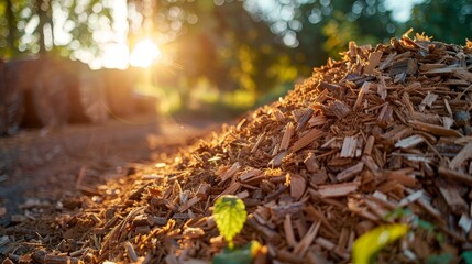A mound of woodchips is bathed in the warm golden light of sunset, captured in a serene forest setting. - obrazy, fototapety, plakaty