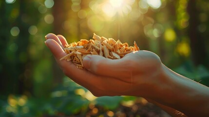 An open hand holds a bounty of woodchips, illuminated by the soft, warm light of the setting sun filtering through the forest. - obrazy, fototapety, plakaty