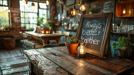 Zelfklevend Fotobehang text "Always better together." draw with white chalk on blackboard with business elements,generative ai © Chanya2498