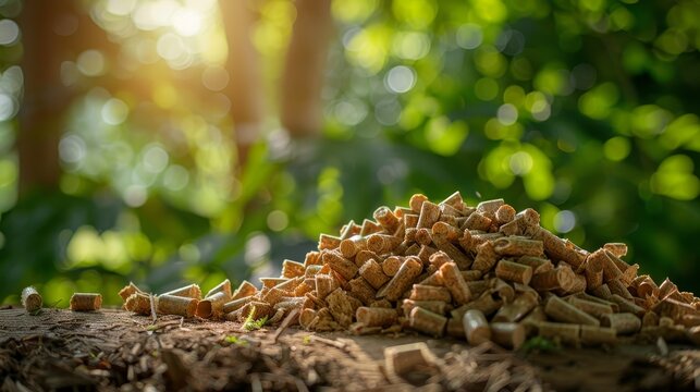 Sunlight filters through the trees, highlighting a neat pile of wooden pellets on the forest floor.