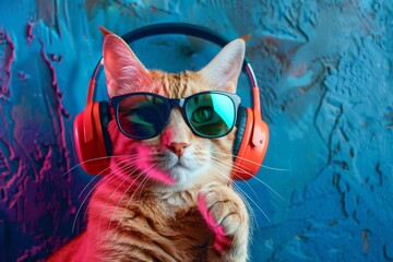 Cool orange cat with headphones, vibrant abstract colored background, funky feline music lover...