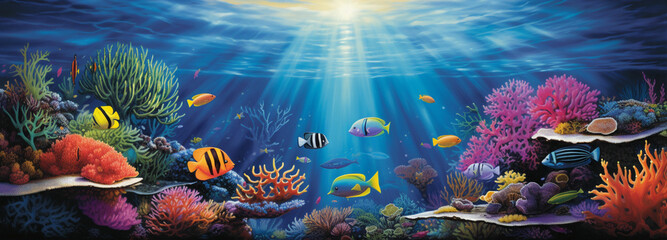 Fototapeta na wymiar Illustrate an ocean scene with a rainbow cutting through the water