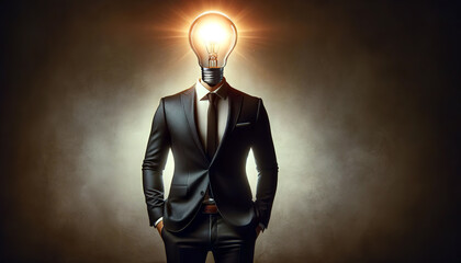 A creative and striking image of a man in a suit with a glowing light bulb for a head, representing innovation and ideas, with an AI-generated tag.