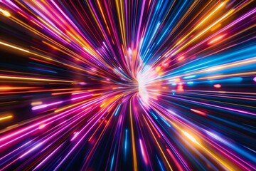 Dynamic light streaks radiating outward creating an explosion of neon colors on a dark background.

