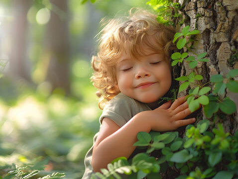 Young child hugging a tree in a sunlit forest. Environmental connection and love for nature concept