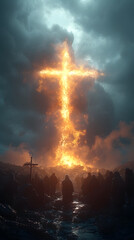 Epic scene of people journeying towards a luminous cross in a celestial landscape. Spiritual journey and faith concept illustration with dramatic lighting