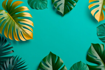 Fototapeta na wymiar Beautiful banner cool mint background with a green and golden leaf monstera.