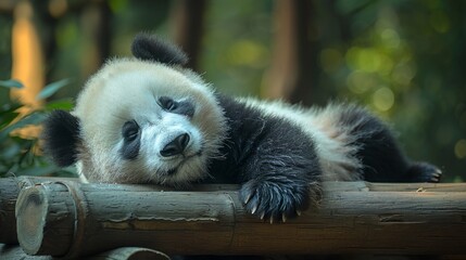 Two-year-old giant panda sleeping on a wooden frame, lying on the ground, 