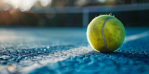 Worn tennis ball on blue court at sunset. Close-up of used tennis ball with court lines Tennis ball on a quiet court left after tennis practice. - obrazy, fototapety, plakaty