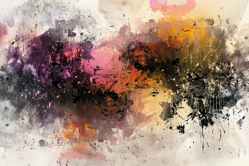 Dynamic splatter and wash elements in expressive watercolor stains. Abstract digital artwork.