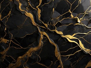 abstract black marble background with golden veins, japanese kintsugi technique, fake painted artificial stone texture, marbled surface, digital marbling texture