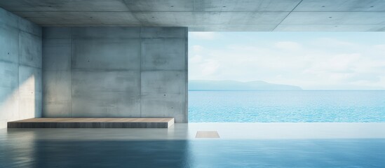 A room with abstract interior concrete walls featuring a stunning view of the blue ocean. The calming waters can be seen through a large window, with waves gently crashing against the shore.