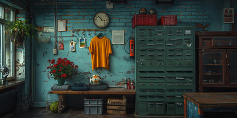 Soccer equipment football ball, t'shirt and bbots in a school locker room,generative ai - obrazy, fototapety, plakaty