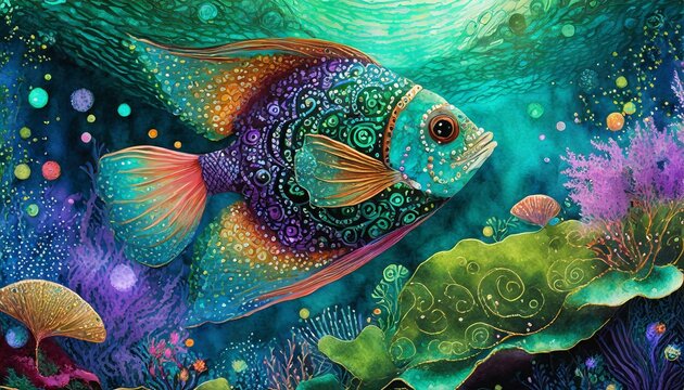 Emerald stylish fish swims underwater. Art card