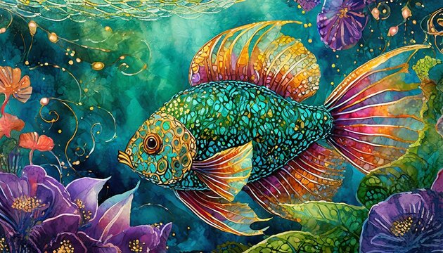 Vivid green golden fish swim underwater among flowers. Art card
