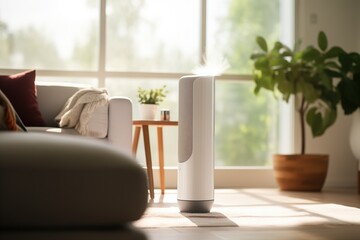 Air purifier stands in a sunlit living room, contributing to a clean and healthy indoor environment, with cozy home decor enhancing the inviting ambiance.