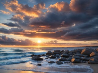 "Dramatic Cloudscape: Capturing Nature's Canvas in a Beach Sunset Symphony"