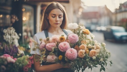 Florist shop in daylight. Woman holding beautiful bouquet of flowers. Florist with her work. Stylize
