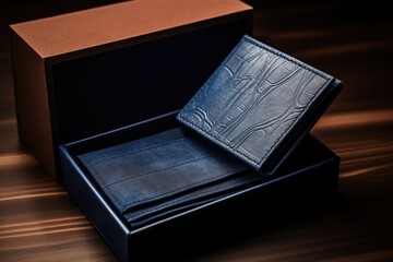 Wallet with a distinctive crocodile pattern, presented in an open box on a polished wooden surface, epitomizing sophistication and style.