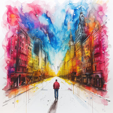 Aquarell-Illustration, Regenbogenfarben, eine Straße zwischen Häuserreihen, auf der eine einzelne Person läuft