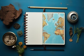 An overhead view of an explorer's desk featuring an open notebook with a world map, surrounded by various travel and exploration tools, against a vibrant blue background