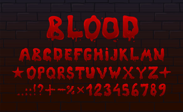 Scary font for Halloween with splashes and drops of blood, Flowing grunge red letters on a brick wall. Horror, autumn night, murder. Vintage vector comic illustration for banner, flyer, element design