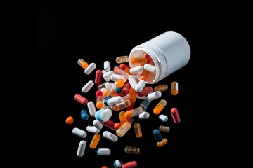 Medicinal capsules spilling out of a white pill bottle against a stark black background, symbolizing healthcare and pharmaceuticals