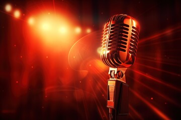 A classic microphone exudes a radiant glow, highlighted by a spotlight with dynamic light rays and lens flares on a dramatic red stage background.