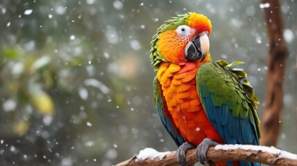 A beautiful bright multi-colored African parrot stands on a tree branch - 748883473