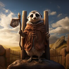 A wise meerkat, clad in a traveler's cloak and carrying a staff, stands atop a high vantage point, surveying the vast landscape before it.