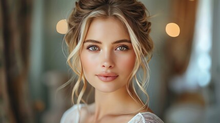 Young blonde woman with hair styled half-back, secured with a bow clip. Valentines day hairstyle. Sweet hairstyle. Healthy, glossy hair. - obrazy, fototapety, plakaty