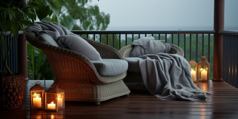 Comfortable wicker chair with pillows on the balcony.