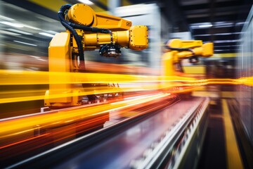 Industrial robot arms working on assembly line in factory.