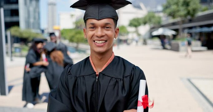 Face, graduation and arms crossed with student man outdoor on campus of college of university. Portrait, education and certificate with smile of young person laughing in celebration at ceremony