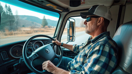 portrait of a male trucker driver on the background of a long truck - obrazy, fototapety, plakaty