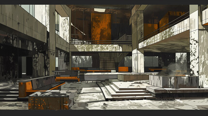 Lobby of a building in the style of Brutalism, ai generative