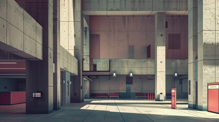 Lobby of a building in the style of Brutalism, ai generative