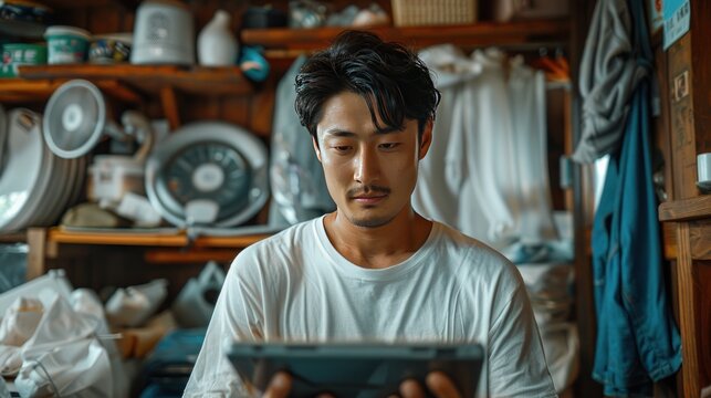 Young Man Sitting On Floor With Working On Tablet