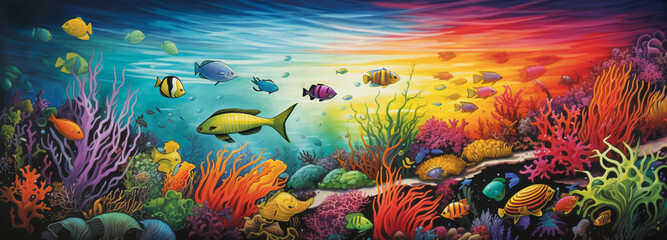 Fototapeta na wymiar Illustrate an ocean scene with a rainbow cutting through the water