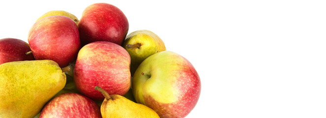 Apples and pears isolated on a white . Free space for text. Wide photo.