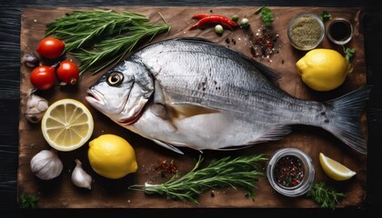 Fresh uncooked dorado or sea bream fish with lemon, herbs, oil, vegetables and spices on rustic wood