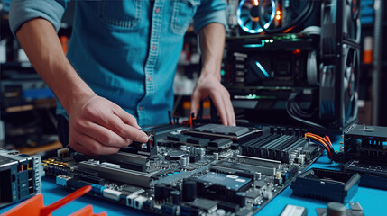 a young man builds a computer from components in a workshop