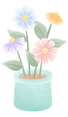 Cute flowers in a green pot painted with watercolor