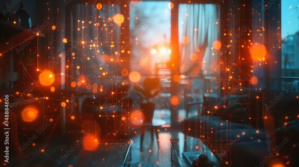 Poster an abstract representation of network connections with glowing dots and lines overlaid on an urban a