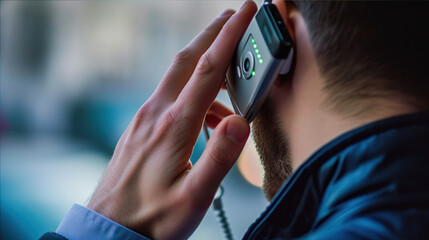 A man is talking on a smartphone, hands in close-up. The concept of a phone scam