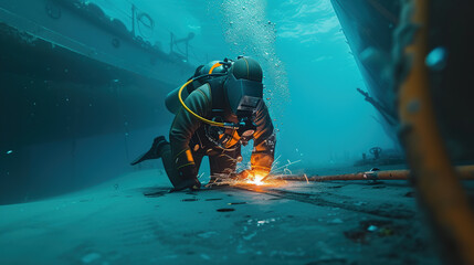 a man in scuba gear performs welding work on the ship's hull underwater - obrazy, fototapety, plakaty