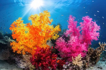 Realistic photo of ocean flora and fauna. Transparent clean water, colorful corals and algae. Empty space