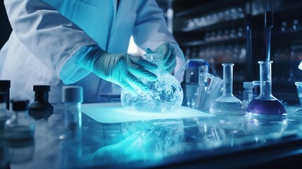 Fototapeta premium Hand of scientist work at laboratory room. Closeup biochemistry, biotechnology, science and technology background design.